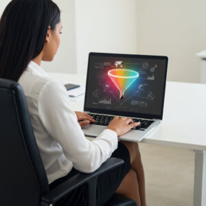 a professionally dressed woman sitting looking at her laptop screen with her back to us. on the laptop screen is a picture of the marketing funnel