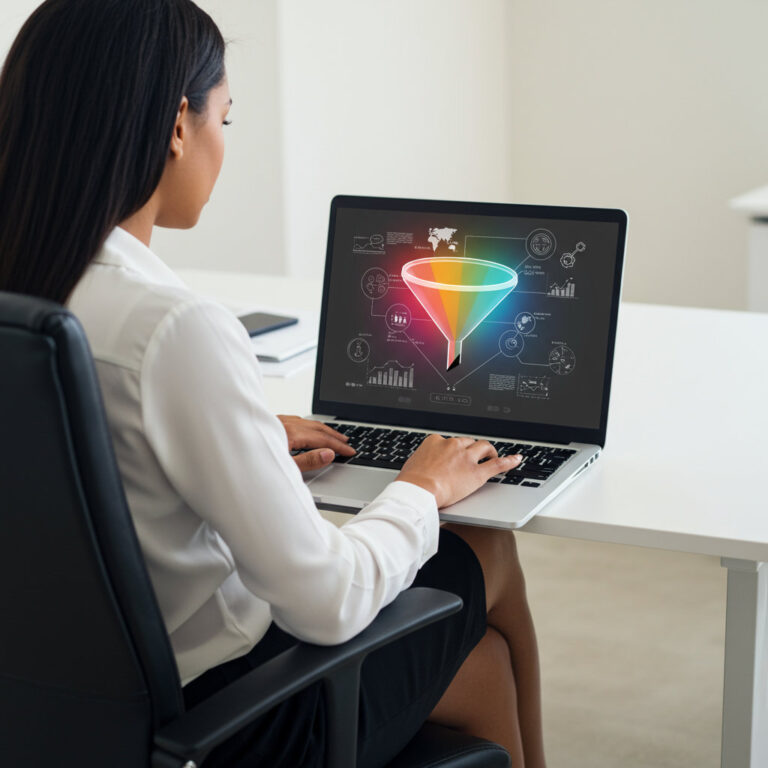 a professionally dressed woman sitting looking at her laptop screen with her back to us. on the laptop screen is a picture of the marketing funnel